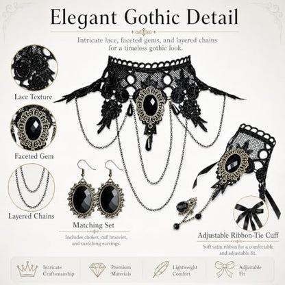 YANCHUN Halloween Gothic Jewelry Set Vampire Accessories Black Choker Necklace Bracelet Earrings Set Witch Cosplay Halloween Costume Accessories - color: 3pcs-Black