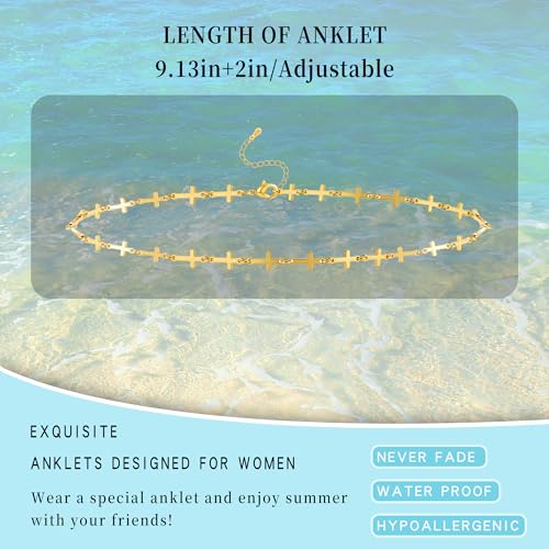 Sterling Silver Ankle Bracelets for Women 14K Gold Waterproof Layered Stackable Bead Chain Cross Charm Non Tarnish Large Adjustable Anklet for Summer Beach Jewelry Gift - color: gold5