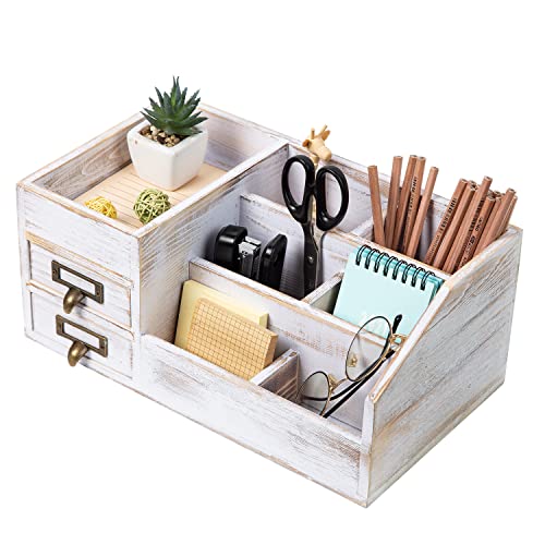 Distressed Rustic Wooden Office Desktop Organizer Shelf Tabletop Home Organizer Storage with Multiple Compartments 2 Tier Drawers perfect Jewelry storage Display Box for Desk Vanity (Washed white) - color: Washed white