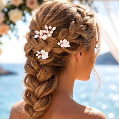 Heread Pearl Bride Wedding Hair Pins Crystal Bridal Headpiece Hair Accessories for Women and Girls (Pack of 3) - color: Rose Gold