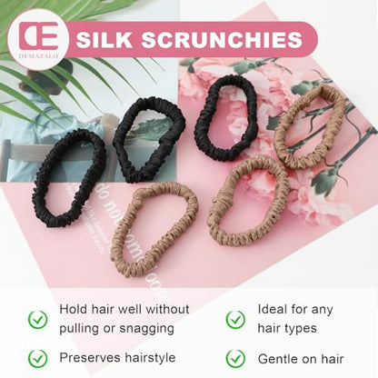6Pcs Silk Hair Ties 100% Pure Mulberry Silk Scrunchies for Women Girls | No Hair Crease, Anti Frizz, Gentle Hold, No Damage, Color 02 - color: Black&Brown