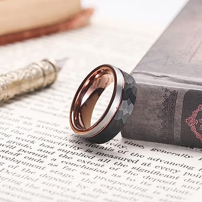 King Will Mens Tungsten Carbide Wedding Band with Groove Design | 6/7/8mm Width, Grooved, Comfort Fit, Everyday Wear - color: Hammered Brown-8mm