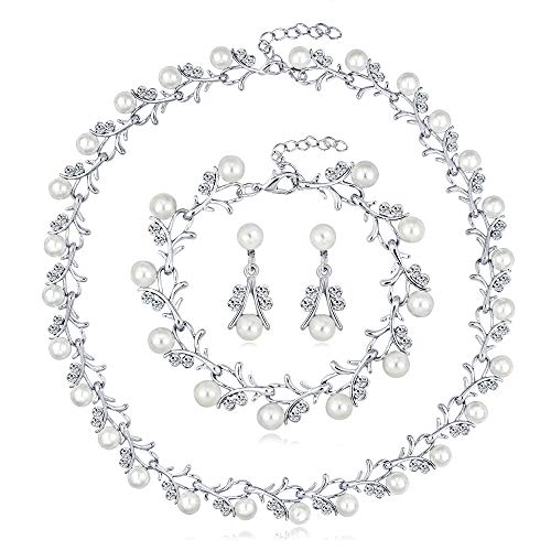 tenghong2021 Fashion Classic Faux Pearl Jewelry Set Necklace Bracelet Earrings for Women Best Gift - color: Silver Leaf