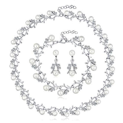 tenghong2021 Fashion Classic Faux Pearl Jewelry Set Necklace Bracelet Earrings for Women Best Gift - color: Silver Leaf