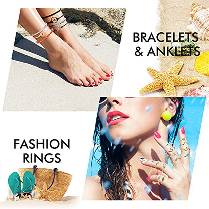 Batiyeer 60 Pcs Boho Surfer Wave Bracelet and Necklace Set for Women, Summer Beach Y2k Layered Choker Anklets Knuckle Rings - style: 60 Pcs