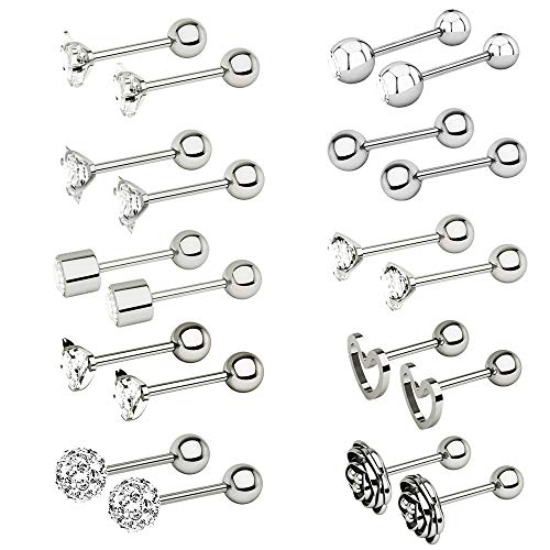 10 Pairs 16g Ear Cartilage Helix Surgical Stainless Steel Cubic Zirconia Stud Cartilage Earrings Huggie Screw Backs Ear Tragus Auricle Cute Love Heart Flower Barbell Piercing Set 4mm - color: Silver