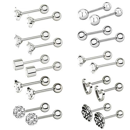 10 Pairs 16g Ear Cartilage Helix Surgical Stainless Steel Cubic Zirconia Stud Cartilage Earrings Huggie Screw Backs Ear Tragus Auricle Cute Love Heart Flower Barbell Piercing Set 4mm - color: Silver