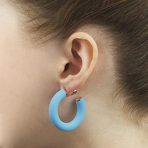 Gold Plated Multicolor Resin Chunky Thick Open Hoop Earrings in 57MM and 37.5MM Diameters - color: Blue - Bright - Matte Finish, size: 37.5MM (1.48") Diameter