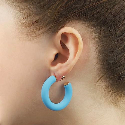Gold Plated Multicolor Resin Chunky Thick Open Hoop Earrings in 57MM and 37.5MM Diameters - color: Blue - Bright - Matte Finish, size: 37.5MM (1.48") Diameter