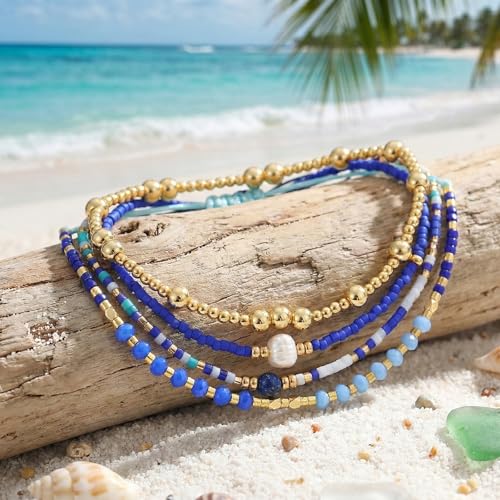 5Pcs Stack Gold Plated Ball Beaded Bracelets Set for Women, Boho Handmade Colorful Glass Pearl Stretch Accessories Jewelry, Summer Beach Daily Wear Holiday Friendship Gift - color: Blue Gold