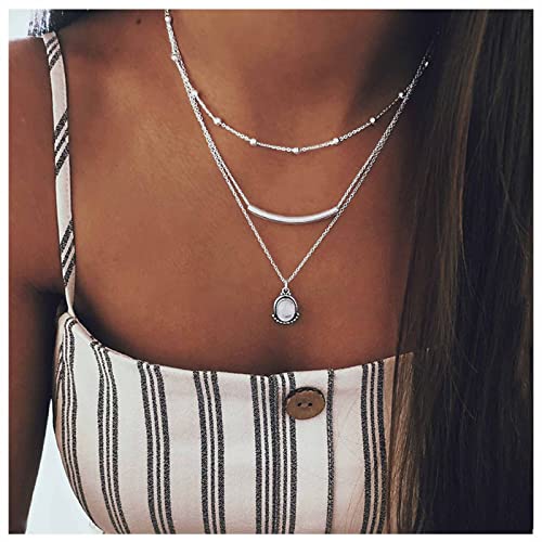 Boho Layered Opal Moonstone Necklace Choker Silver Carved Bar Necklace Tube Necklace Vintage Multi Layer Necklace Chain Jewelry for Women