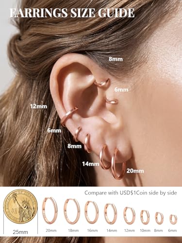 925 Sterling Silver Huggie Hoop Earrings, Small Silver Hoop Earrings for Women Hypoallergenic Huggie Lightweight Small Hoops Earring Cartilage Sleeper Earrings 6/8/10/12/14/16/18/20mm - color: Rose Gold, size: 12MM