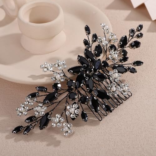 Teyglen Black Rhinestone Flower Wedding Hair Comb Bridal Crystal Pearl Hair Side Comb Vintage Flower Hair Piece for Bride Wedding Hair Accessories for Women Halloween Party Prom(Black) - color: Black