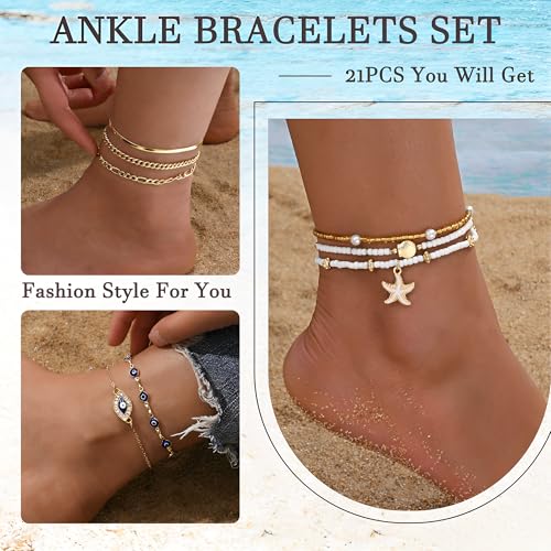 21PCS Gold Ankle Bracelets for Women, Boho Shell Bead Cuban Link Chain Waterproof Gold Anklets Set, Adjustable Layered Anklets for Women Beach Jewelry Gift - color: Gold