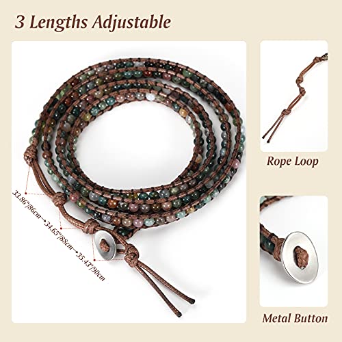 Emibele Layered Leather Bracelet, Rivet Leopard Print Bohemian Style Multilayer Wrap Bracelet, Handmade Agate Amethyst Chakra Crystal Glass Beaded Shell Bracelet for Women - color: Agate green