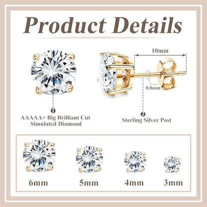 MILACOLATO S925 Sterling Silver Stud Earrings for Women Men Hypoallergenic 18K Gold Plated Cubic Zirconia Earrings Studs Brilliant Simulated Diamond Halo Earring for Sensitive Ears - style: 18K Gold Plated - Round CZ