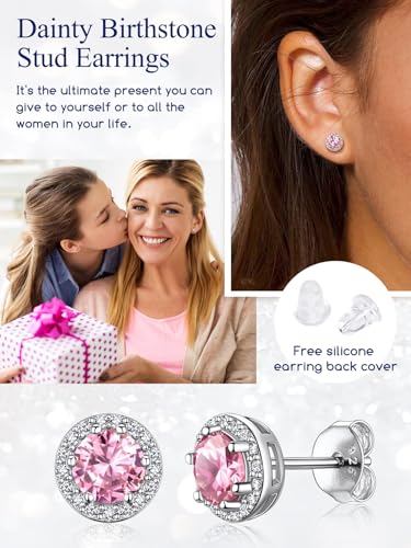 Suplight 925 Sterling Silver Birthstone Stud Earrings for Women, Round/Heart/Teardrop/Square Crystal Diamond Earrings for Women, Dainty Birthday Gifts Jewelry - color: style a-10. round-October(Created Tourmaline)