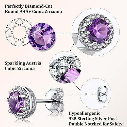 Bestyle Sparkling 925 Sterling Silver Birthstone Stud Earrings for Women, Heart/Round/Teardrop/Square Solitaire Diamond Studs Earrings, Great Birthday/Christmas Gifts - style: 02. Purple Amethyst-Feb.-round