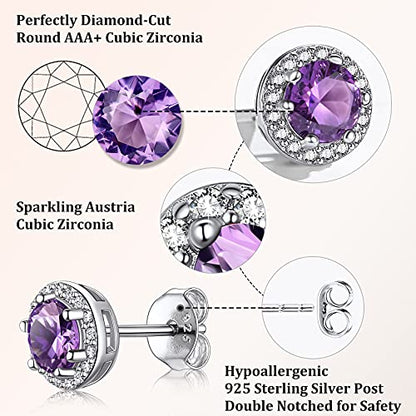 Bestyle Sparkling 925 Sterling Silver Birthstone Stud Earrings for Women, Heart/Round/Teardrop/Square Solitaire Diamond Studs Earrings, Great Birthday/Christmas Gifts - style: 02. Purple Amethyst-Feb.-round