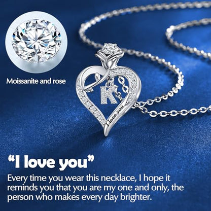 Rose Heart Pendant Necklace Gifts for Wife, Engraved 'I love you' Gift for Wife Girlfriend, Anniversary Birthday Eternity Jewelry Present for Women, Moissanite Necklace Gift for Her - style: K