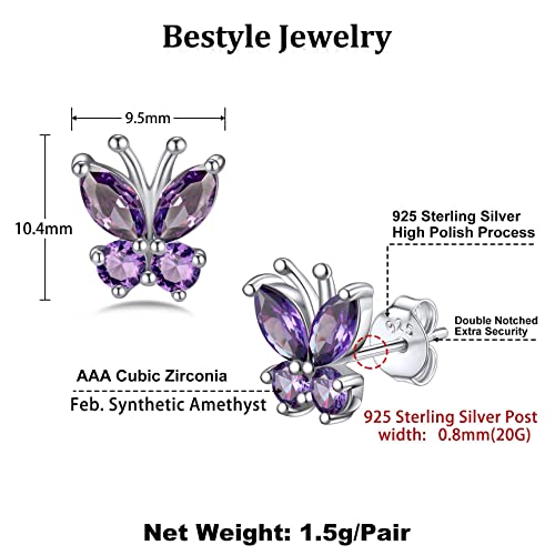Bestyle Gold Butterfly Earrings for Women, Dainty Cute Birthstone Studs Hypoallergenic Jewelry, Great Birthday Gift - style: 02.February (Amethyst)-STUD