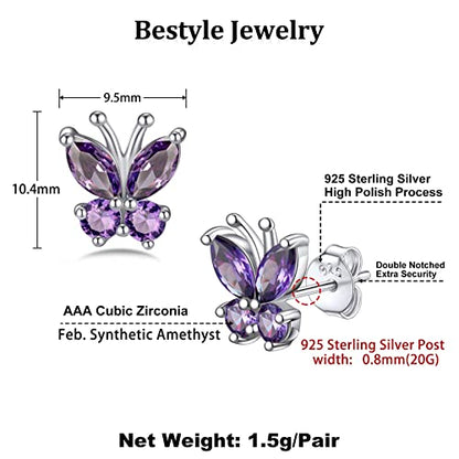 Bestyle Gold Butterfly Earrings for Women, Dainty Cute Birthstone Studs Hypoallergenic Jewelry, Great Birthday Gift - style: 02.February (Amethyst)-STUD