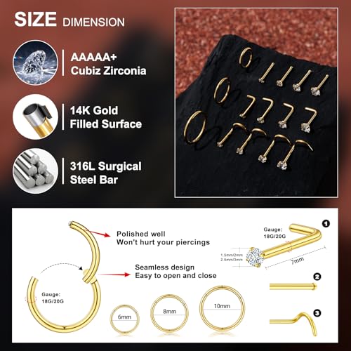 20G/18G Nose Studs Stainless Steel Nose Piercing Nose Ring Set I L S Shape Body Piercing Nose Hoop Ring for Women Men - color: A-15PC-Gold