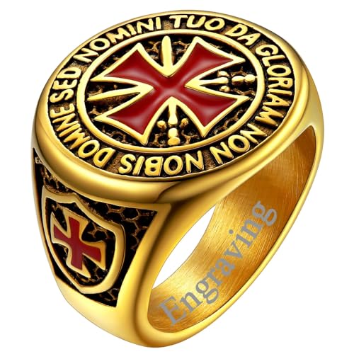 FaithHeart Mens Stainless Steel Crusader Jerusalem Cross Ring with 18K Gold Plated Two Tone Ring Size 7,8,9,10,11,12 - color: 06. Crusader Cross-Gold(Custom)