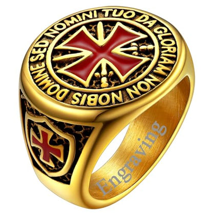 FaithHeart Mens Stainless Steel Crusader Jerusalem Cross Ring with 18K Gold Plated Two Tone Ring Size 7,8,9,10,11,12 - color: 06. Crusader Cross-Gold(Custom)
