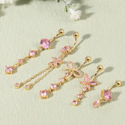 5pcs Gold Plated Pink Dangle Belly Button Rings, Clear CZ Belly Button Jewelry, Butterfly Bow Flower Cute Belly Button Rings for Women, Stainless Steel Dainty Dangly Dangling Belly Button Piercing