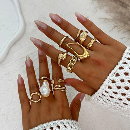 Gold Rings for Women Non Tarnish Boho Stackable Adjustable Open Rings Set Finger Knuckle Stacking Ring Packs Jewelry Gift - color: Gold Pearl Rings 12Pcs