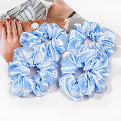 16 Pcs Satin Blue Hair Ties and Ponytail Holders - Big Scrunchies for Women's Thick Curly Hair, No Crease or Damage, Cute Pony Tails for Girls - color: Bright Blue