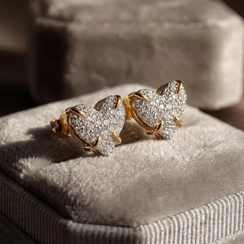 MEVECCO Pave Cubic Zirconia Stud Earrings for Women, 18K Gold Plated Brass | Pave CZ Fronts, Curved Gold Plated Edge Accents, Soft Motifs and Clean Geometric Styles - style: heart
