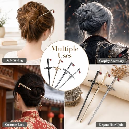 Sword Hair Stick Retro Metal Hair Sticks Ancient Style Swords Hair Chopsticks for Bun Hair Long Hair, Chinese Hair Pins Hair Sticks Hair Daggers for Hair Accessories (4Pcs)