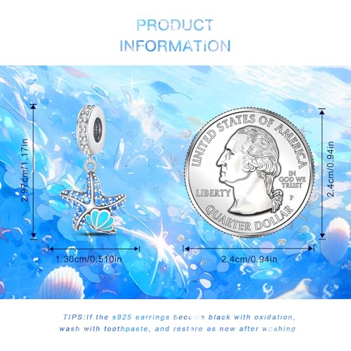925 Sterling Silver Charms Bead for Bracelets Necklaces, Star Moon Crescent Sun Solar Pendent, Blue Ocean Starfish Shells Turtle Crab Starry Sea Cute Jewelry Birthday Gifts for Women Men - style: Luminous Starfish