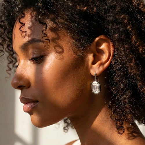 14K Gold & Silver Plated Trendy Bezel Set Cubic Zirconia Drop Earrings Minimalist Teardrop Hook Earrings for Women Diamond Crystal Charm Statement Teardrop Earrings Jewelry Gifts - color: Silver-Rectangular zircon