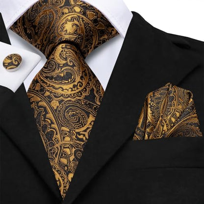Hi-Tie Men 63inches Tie Set Extra Long Necktie Paisley Tie Pocket Suqare Cufflinks Big and Tall Men Tie - color: Black Gold Paisley