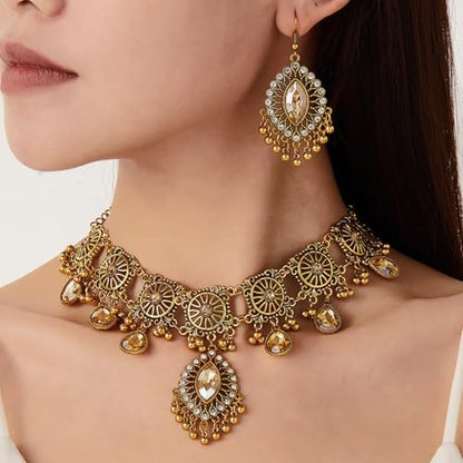 Frodete Indian Jewelry Sets for Women Traditional Bohemian Wedding Jewelry Set Indian Dresses for Women Oxidized Ethnic Party Prom Wear - color: D6:GOLD champagne