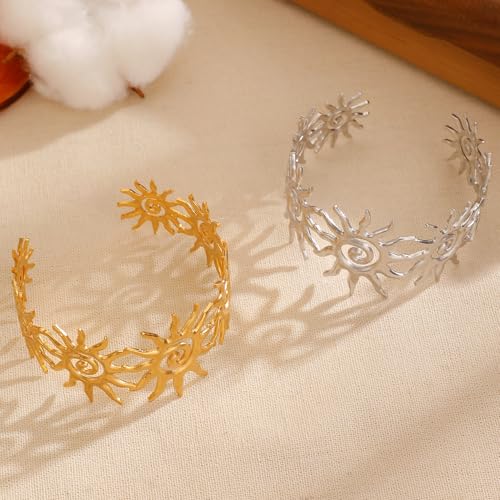 Chunky Gold Sun Cuff Bracelet for Women – Boho Spiral Sun Statement Jewelry, Stainless Steel Adjustable Wide Metal Bangle for Holiday Fashion - color: Silver