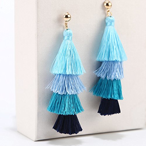 BaubleStar Bohemian Layered Tassel Drop Earrings for Women | Lightweight Statement Party Festival Jewelry - color: Blue Ombre