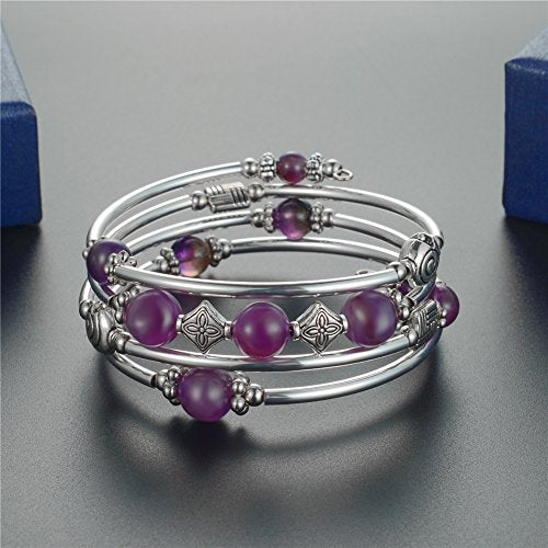 Beaded Pearl Bangle Wrap Bracelet - Fashion Bohemian Jewelry Multilayer Charm Bracelet with Thick Silver Metal Beads, Gift For Women - color: Purple