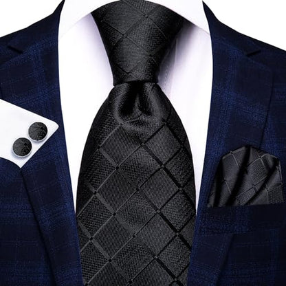 Hi-Tie Men 63inches Tie Set Extra Long Necktie Paisley Tie Pocket Suqare Cufflinks Big and Tall Men Tie - color: Black Plaid
