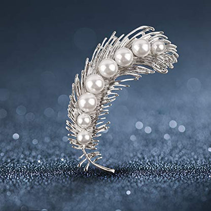 Pearl Diamond Brooch Pins for Dress Sweater Scarf, Wedding Party Decoration Birthday Christmas Gift - style: Feather (Silver)