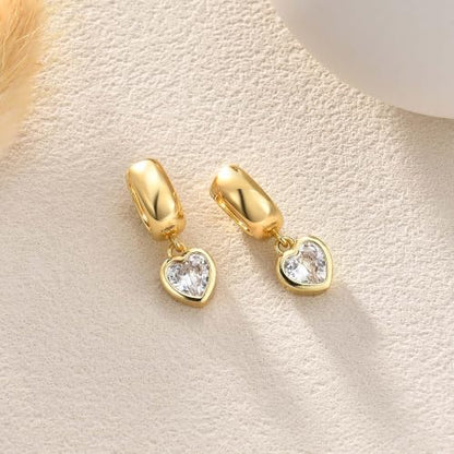 Gold Chunky Dangle Earrings for Women, Bezel Set Cubic Zirconia Charm | 14K Gold Silver Plated, Statement Huggie Hoops Drop Earrings, Trendy Jewelry Gifts, High Grade CZ, Hypoallergenic Lightweight - color: GD-Heart CZ Hoop