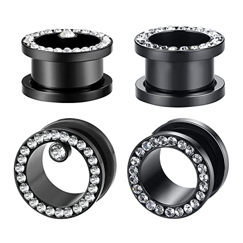 WBRWP Unisex Women 6pcs/8pcs-3pairs/4pairs Hollow Zircon Stainless Steel Screw Ear Plugs Tunnels with ZirconEar Plugs Tunnels - Ear Expander - Ear Gauges Stretcher Body Piercing 8g-5/8 - color: 2pairs set in black color