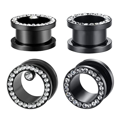 WBRWP Unisex Women 6pcs/8pcs-3pairs/4pairs Hollow Zircon Stainless Steel Screw Ear Plugs Tunnels with ZirconEar Plugs Tunnels - Ear Expander - Ear Gauges Stretcher Body Piercing 8g-5/8 - color: 2pairs set in black color