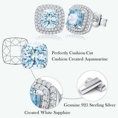 Dainty Birthstone Earrings for Women Sterling Silver Small Stud Earrings with Halo Cushion/Round Created Gemstone Earrings Birthstone Jewelry - style: A 03. Mar./created aquamarine-cushion cut
