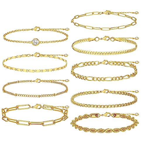 Gold Bracelets Set for Women Trendy, 14K Real Gold Plated Jewelry for Women Dainty Chain Bracelet Stack, Non Tarnish Gold Stackable Bracelets Pack Fashion Accessories Gifts - color: Style3-gold