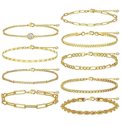 Gold Bracelets Set for Women Trendy, 14K Real Gold Plated Jewelry for Women Dainty Chain Bracelet Stack, Non Tarnish Gold Stackable Bracelets Pack Fashion Accessories Gifts - color: Style3-gold