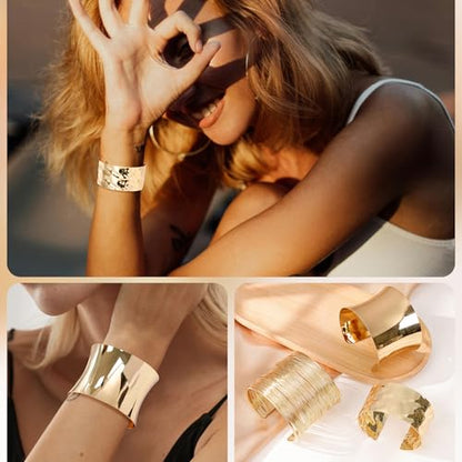 3Pcs Chunky Gold Cuff Bracelets Open Wide Bangle Bracelets Set for Women Minimalist Irregular Bracelet Statement Wrist Cuff Wrap Bracelet Jewelry - style: styleC gold